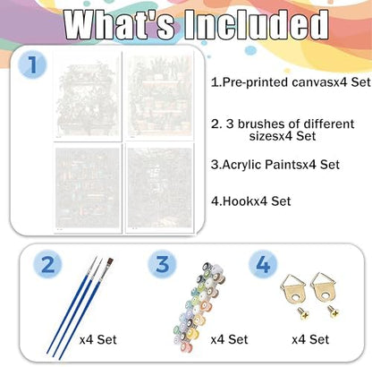 Hutarosl 4 Pack Paint by Numbers Kit for Adults Plant- Bookshelf Paint by Number Adult, Canvas Painting by Numbers for Adults Perfect for Gifts Home Wall Decor 12x16inch - Image 5