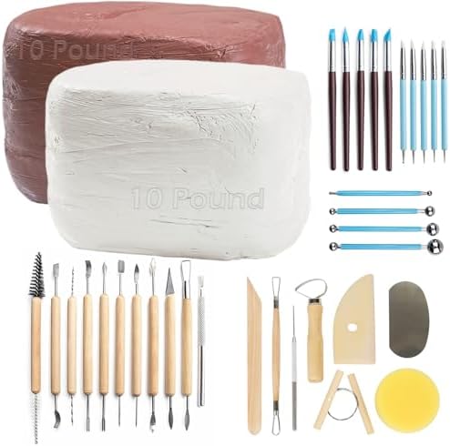 ReArt Natural Air-Dry Clay, Baking Clay, Low Fire Pottery Clay with 40 Pcs Pottery Tools White and Terra Cotta by ReArt