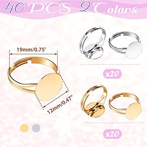 Herdear 40pcs Adjustable Blank Rings 12mm Base, Silver, Gold - Image 2