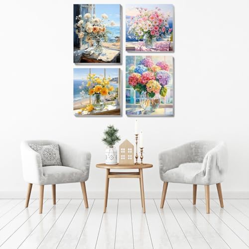 4 pack Flower Paint by Numbers Kit for Adults Beginner With Framed,Flowers Easy Adult Paint by Number Kits on Canvas DIY Painting for Beginners Art by Numbers for Home Wall Decor 10x12-10x10 Inch - Image 3