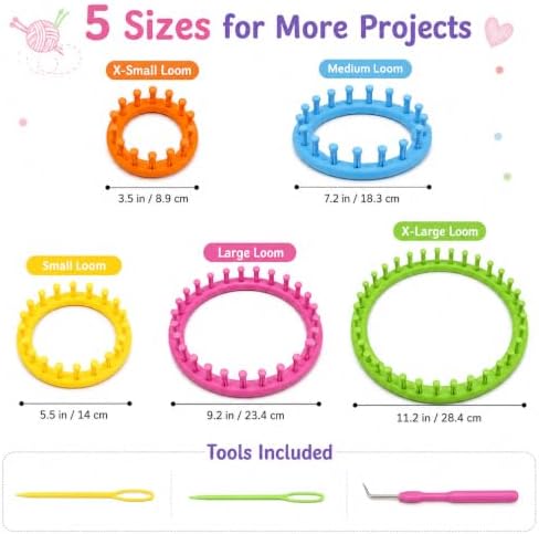 JAMIT Round Knitting Looms Set Craft Kit DIY Tool with Hook Needle, Set of 5 Plastic Looms Knitting for Hat Scarf Shawl Sweater Sock and Blankets - Image 6