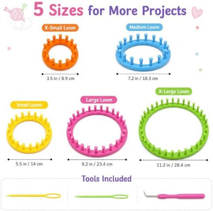 JAMIT Round Knitting Looms Set Craft Kit DIY Tool with Hook Needle, Set of 5 Plastic Looms Knitting for Hat Scarf Shawl Sweater Sock and Blankets - Image 6