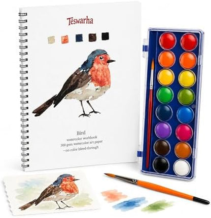 Teswarha Birds Watercolor Workbook With12 Sheets 300GSM Art Paper 16 Colors Watercolor Paint Set with 2 Watercolor Brushes Water Coloring Book Kit for Adults Teens 8.2 x 9.8in by Unknown