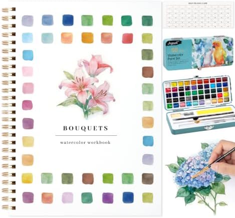 Watercolor Workbook with 12 Bouquet Patterns, 50Colors Watercolor Paint Set by Joyask