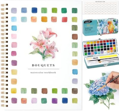 Watercolor Workbook with 12 Bouquet Patterns, 50Colors Watercolor Paint Set by Joyask
