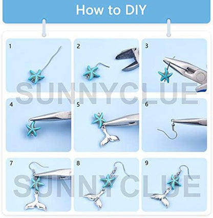 SUNNYCLUE 1 Box DIY 10 Pairs Starfish Mermaid Turquoise Earring Making Starter Kit Ocean Beach Summer Theme Earrings Synthetic Turquoise Beads Turtle Fish Crab Slipper Charm for DIY Jewelry Making - Image 4