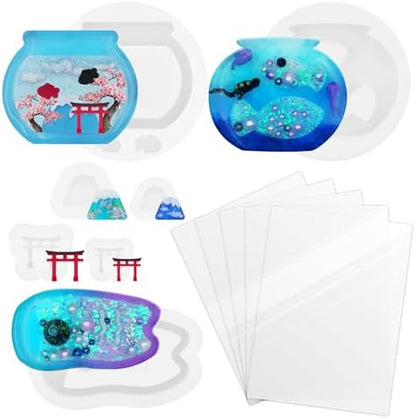 Resin Shaker Silicone Molds and Seal Films Casting Set Pack of 12 Enchanted Japanese Jewelry Charm Koinobori Mt Fuji Goldfish Bowl by FUNSHOWCASE