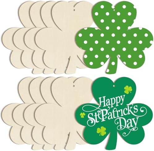 Wooden Shamrock Ornaments to Paint St. Patrick's Day Decoration Cutouts Unfinished 24PCS 3.15 Inches, DIY Blank Unfinished Wood Discs Ornament for Home Farmhouse Crafts Hanging Spring Decorations by Sophena