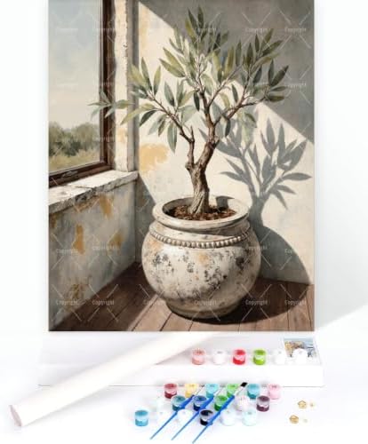 Botanical Paint By Numbers Kit For Adults - Diy Olive Tree By Window Painting On Canvas, Acrylic Paint Set, Suitable For Beginners, Wall Decor Art For Home Decoration Or Gifts(16X20IN framed) - Image 3