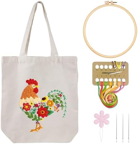 Louise Maelys Embroidery Kit Canvas Tote Bag for Beginners, Floral Rooster by LouiseMaelys