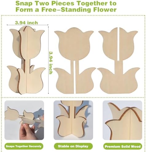 Mykzarpnix Wooden Flower Painting Kit, 12 Unfinished Wood 3D Flowers to Paint, DIY Spring Craft Set for Adults and Family, Blank Tulip Wood Cutouts for Home Decor, Tabletop Mantel Display - Image 4