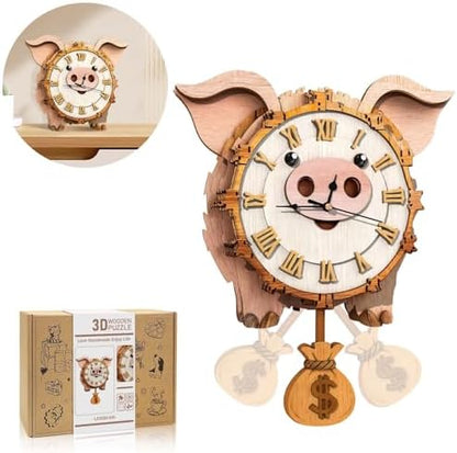3D Puzzles for Adults Wooden Pig Puzzle Clock Adult Crafts by Cutywood