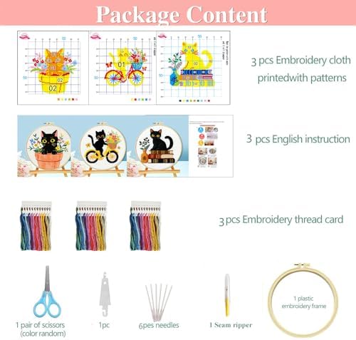 Zhenqing 3-Piece Black Cat Cross Stitch Kit for Beginners - Complete Set with Pre-Printed 11CT 24x24cm Fabric, Hoop, Threads & Tools (3 Adorable Cat Designs)(70403) - Image 3