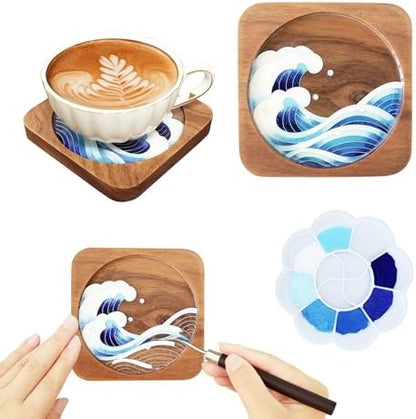 Cloisonne Kit, DIY Coasters Craft Kits, Filigree Enamel Art, Great Waves by Blauwhim