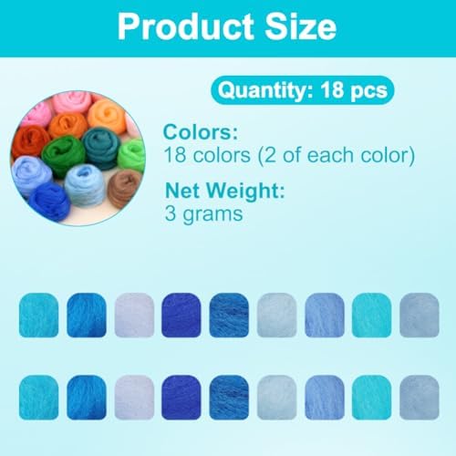 Ainiv 18 Pcs Needle Felting Wool, 9 Colors x 2 Packs Wool Roving, Blue - Image 2
