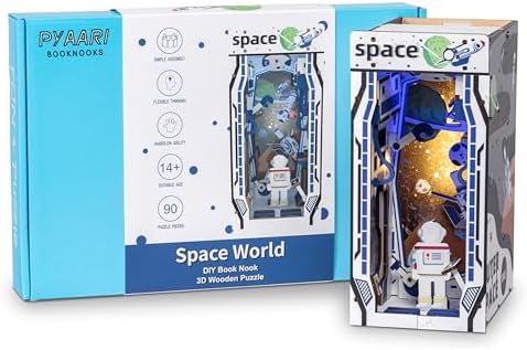 Space World Book Nook Kit, Astronaut 90-Piece DIY Miniature LED Doll House, 3D Wooden Puzzle BookNook Kit for Adults, Tiny Home Model Building Kit for Book Lovers & Beginners, Bookshelf Decor by PYAARI