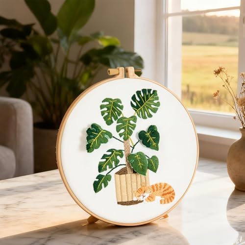 Monstera Embroidery Kits for Beginners Adults, Cat Hand Embroidery Kits, Potted Plant Cross Stitch Kits for Beginners DIY Craft Kits for Adult Women, Entire Set of Embroidery Supplies & Video Tutorial - Image 6