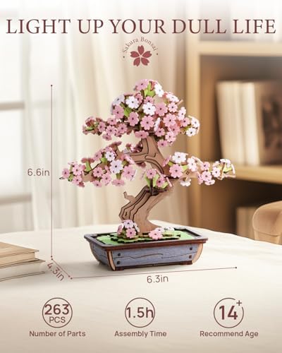 ROBOTIME Sakura Bonsai 3D Puzzles Wooden Artificial Cherry Blossom Tree DIY Model Building Kit for Home Decoration and Office Art Creative Gifts - Image 5