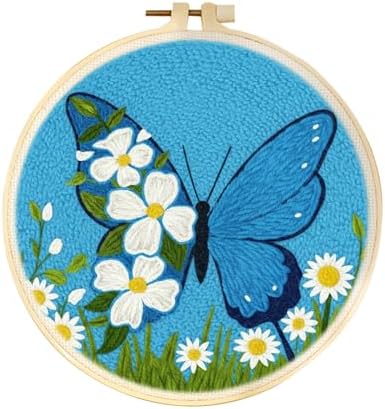 DIY Punch Needle Kits for Beginners Cute Farmhouse Flower Animal Highland Cow with Dandelion with Hoop Embroidery Punch Needle Starter Craft Set Festival Gifts and Decoration (Butterfly, Blue) by Unknown