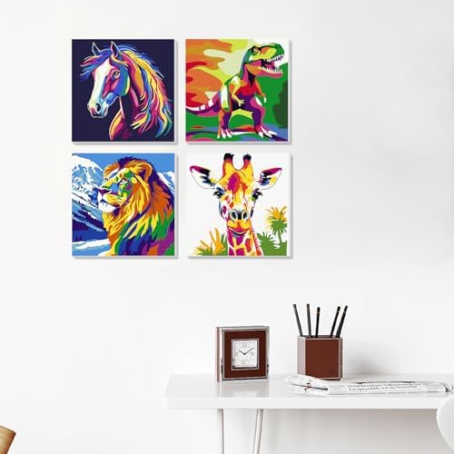 MVVMTOP 4 Pack Paint by Numbers Kit for Adults Beginner with Wooden Frame, Easy DIY Horses, Tyrannosaurus Rex, Lions, Giraffes Acrylic on Canvas Paint Kits, for Home Wall Decoration Arts Crafts - Image 6