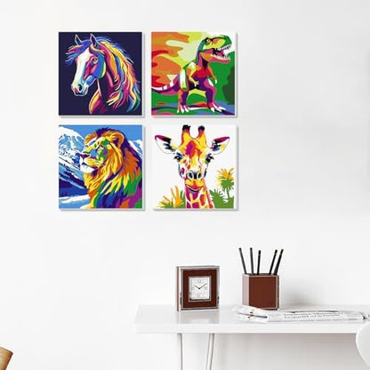 MVVMTOP 4 Pack Paint by Numbers Kit for Adults Beginner with Wooden Frame, Easy DIY Horses, Tyrannosaurus Rex, Lions, Giraffes Acrylic on Canvas Paint Kits, for Home Wall Decoration Arts Crafts - Image 6