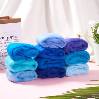 Boutigem 10 Colors Blue Needle Felting Wool 50g, 1.76oz Blue Wool Roving for Needle Felting, Soft Spinning Felting Wool Supplies for DIY Crafts, Felting, Blending, Weaving and Hand Spinning - Image 5