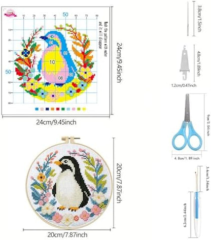 Zhenqing 4-Piece Animal Cross Stitch Kit for Beginners - Complete Set with Pre-Printed 11CT 24x24cm Fabric, Hoop & Tools (Penguin, Sloth, Cow, Deer Designs)(70405) - Image 5