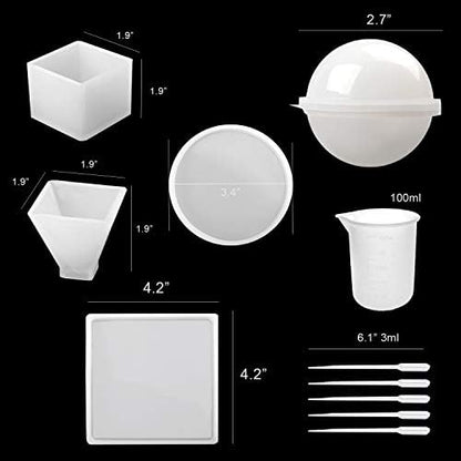 Silicone Resin Molds 5Pcs Resin Casting Molds Including Sphere, Cube, Pyramid, Square, Round with 1 Measuring Cup & 5 Plastic Transfer Pipettes for Resin Epoxy, Candle Wax, Soap, Bowl Mat etc - Image 2