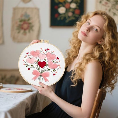 Heart Flower Embroidery Kits for Beginners Adults, Pink Embroidery Starter Kits, Counted Cross Stitch Kits for Adults Anniversary Valentine's Day Gift, Embroidery Hoops, Fabric Thread & Video Tutorial - Image 4