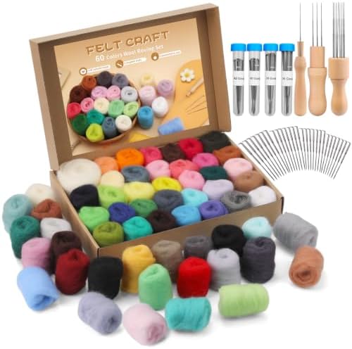 Mayboos 60 Colors Needle Felting Kit with Assorted Wool Roving & Needles by Mayboos