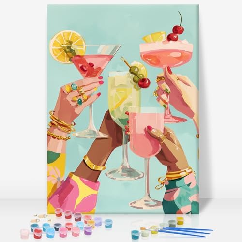 Framed Paint by Numbers Kit for Adults, Cocktail Cheers, 8 x 12 Inch by GEEHEIY