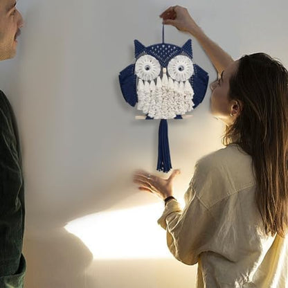 FREEBLOSS DIY Macrame Owl Kit with Video Tutorial Macrame Wall Hanging Ornament Boho Wall Hanging Decor Navy Blue&White Macrame Tapestry Gift Macrame Kit for Beginners - Image 6
