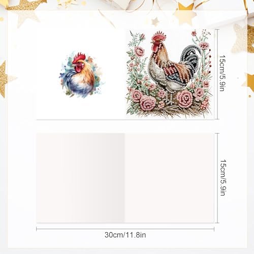 Tontut 6pcs5D Diamond Art Painting Greeting Card kit, Flower Laying Hen Rooster Adult DIY with Envelope, Special Shape Diamond Design Greeting Card Creative Gift - Image 2