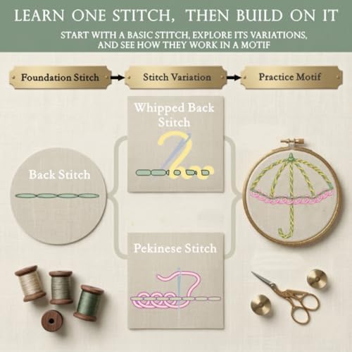 TenDawn Embroidery Stitch Book Kit for Beginners, 32 Essential Stitches - Image 4