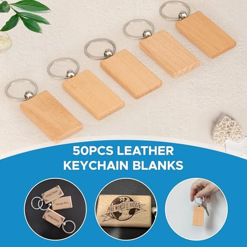 OMTech Wooden Keychain Blanks, Wood Key Chain Bulk, Unfinished Wooden Key Rings Key Tags for Laser Engraving DIY Craft Gift - Image 4