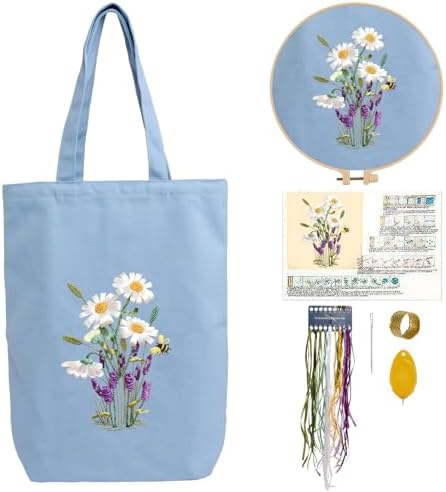 Canvas Tote Bag Embroidery Kit with Pattern for Beginners, Arts and DIY Embroidery Crafts Kits for Adults, Instructions, Embroidery Hoops, Color Threads (lightblue, CR002 huaxiangyiren lightblue) by Unknown