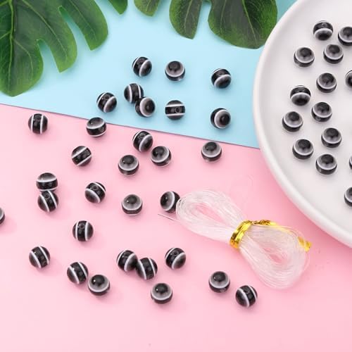 200pcs Sphere Round Evil Eye Beads Handmade Resin Lampwork Beads 8mm Charms Spacer Bead with Elastic Rope for Bracelets Necklace Jewelry Craft Making (Sphere Round-Black) - Image 4
