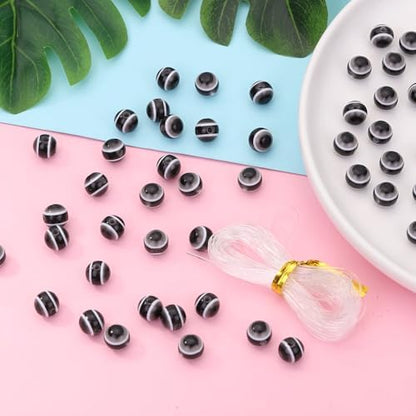 200pcs Sphere Round Evil Eye Beads Handmade Resin Lampwork Beads 8mm Charms Spacer Bead with Elastic Rope for Bracelets Necklace Jewelry Craft Making (Sphere Round-Black) - Image 4