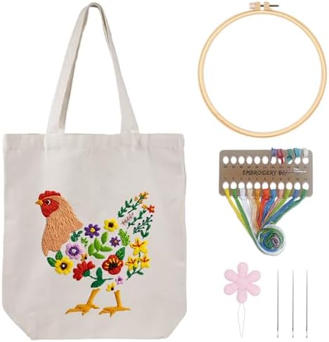 Louise Maelys Embroidery Kit, Canvas Tote Bag with Floral Hen Art Pattern by LouiseMaelys