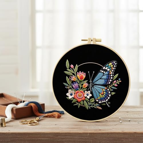 FRANDEK Flower Blue Butterfly Stamped Embroidery Kit with Hoop for Adults - Image 2