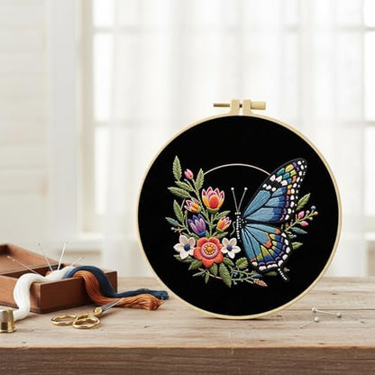 FRANDEK Flower Blue Butterfly Stamped Embroidery Kit with Hoop for Adults - Image 2