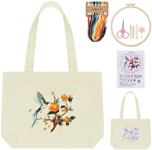 ERKOON Canvas Tote Bag Embroidery Kit for Beginners, Floral Arts Crafts Cross Stitch Kits for Adults Including Stamped Embroidery Bag with Hoops, Needle, Instruction and Color Threads (Hummingbird) by ERKOON
