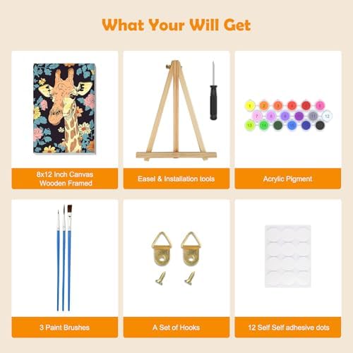 MOGTAA Paint by Numbers Kit for Adults with Frame, Giraffe Paint by Number Canvas, Flowers Paint by Numbers with Easel, DIY Animal Oil Painting Kit for Home Wall Decor 8 x 12 Inch - Image 5