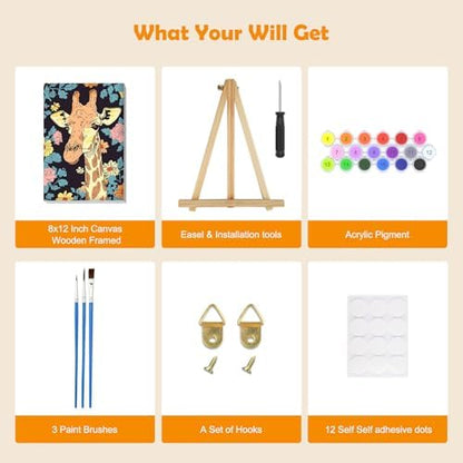 MOGTAA Paint by Numbers Kit for Adults with Frame, Giraffe Paint by Number Canvas, Flowers Paint by Numbers with Easel, DIY Animal Oil Painting Kit for Home Wall Decor 8 x 12 Inch - Image 5