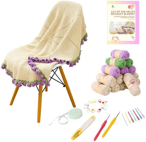 CSWCS Crochet Blanket Kit for Beginners, 40 inches Flower Bouquet Shawl Throw Kits for Adults, Learn How to Knitting with Yarn, Hook & Instructions, Gifts for Women Home Decor (Lily of The Valley Kit) by Cswcs