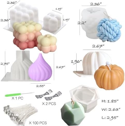 6pcs Silicone Candle Making Molds Kit Set, 3D Silicone Mold for Baking Desser, Soy Wax, Soap Geometric Pumpkin Shapes Yarn Ball Bubble Cube Molds DIY Scented Candle - Image 6