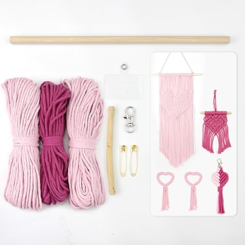 BUFANTL DIY Macrame Heart Kit for Beginners, 5-Piece Starter Set with 2 Wall Hangings, 1 Keychain & 2 Napkin Rings, Boho Weaving Craft Kit for Adults by Unknown