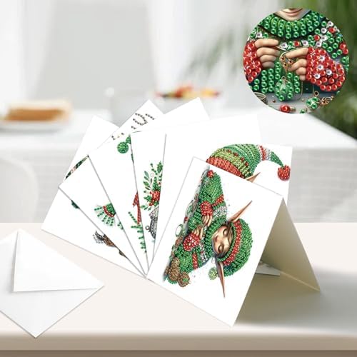 antor 6 Pack 5D Diamond Painting Christmas Cards, Cute Green Hat Elf DIY Diamond Art Cards with Envelopes, Handmade Rhinestone St. Patrick's Day Greeting Card Set for Adults - Image 4
