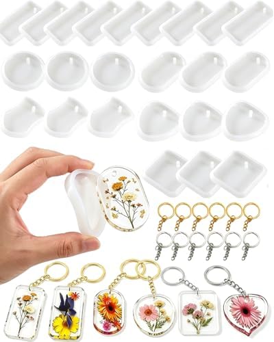 24 Pcs Resin Keychain Molds, 6 Shapes, 8mm Thick Silicone Molds with Holes by YANJNPN