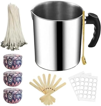 Harnico Candle Making Kit with Candle Wax Melter 1300ML Melting Pot 304 Stainless Steel Candle Pouring Pot for Melting Wax, Including 100pcs Candle Wicks, Mixing Spoon, Center Devices, Wick Sticker by Harnico